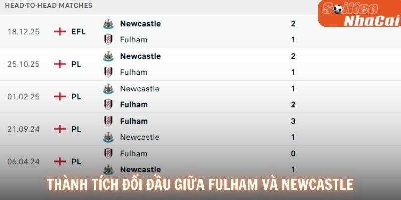 Thành tích đối đầu giữa Fulham và Newcastle